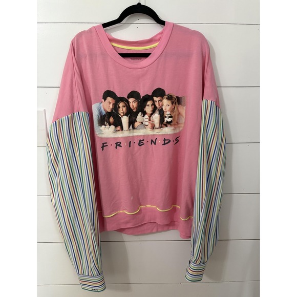 Upcycled Friends Shirt Womens 3X Pink Long Sleeve Striped Graphic Plus Size Cast - Picture 1 of 8